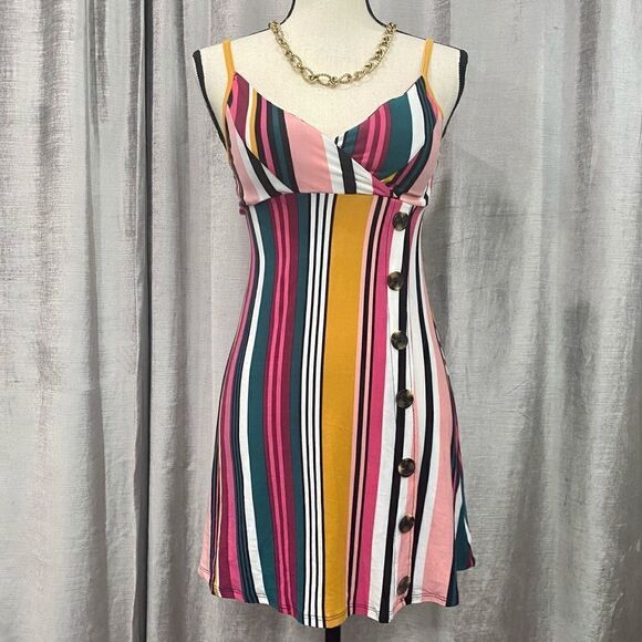 PLANET GOLD Striped Magenta Mini Dress w Buttons - Picture 2 of 6